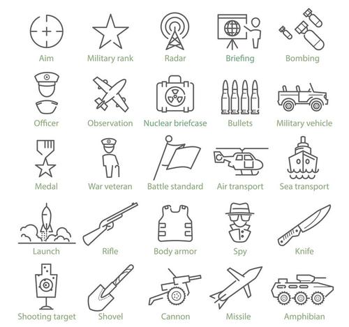 Military theme and war linear icons vector