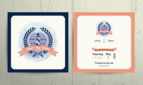 Nautical lighthouse wreath wedding invitation card template vector