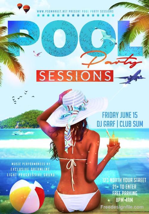 Pool party flyer psd retro template