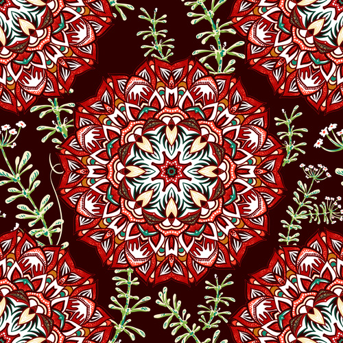 Red flower background and green branches pattern vectors