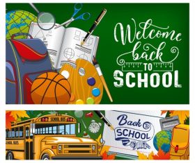 School bus and student supplies banner design vector