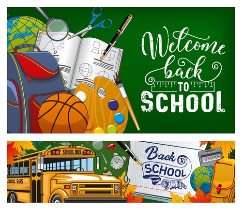 School bus and student supplies banner design vector
