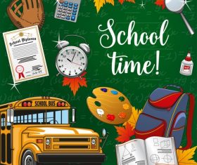 School bus background and student supplies vectors
