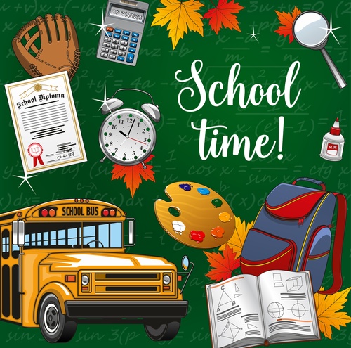 School bus background and student supplies vectors
