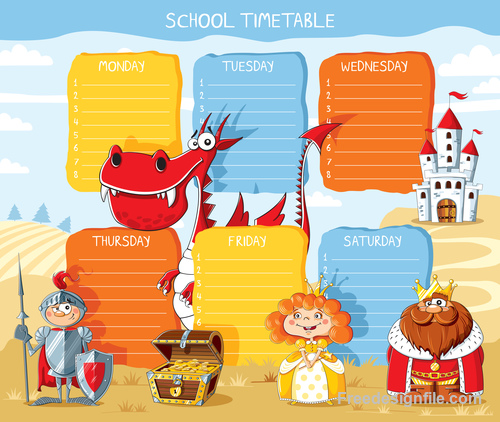 School timetable cartoon kingdom styles vector