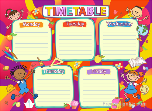 School timetable template with cartoon kids vector