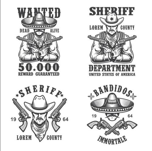 Sheriff and bandit emblems vector