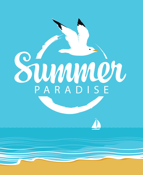 Summer tropical beach and seagull illustration vectors