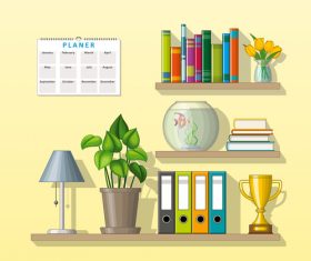 Trophy books and green plants on the shelves vectors