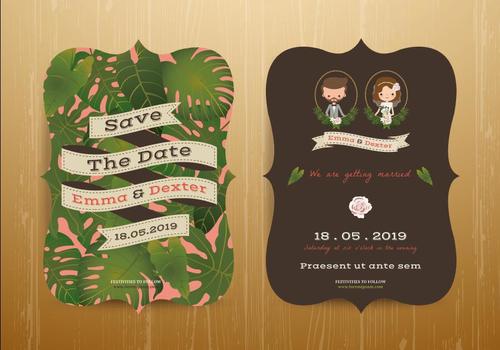 Tropical wedding bride and groom invitation card vector