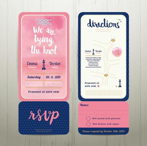 Tying the knot water colour wedding card template set vector