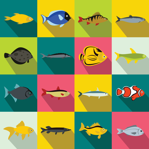 Various fish icons flat style vector