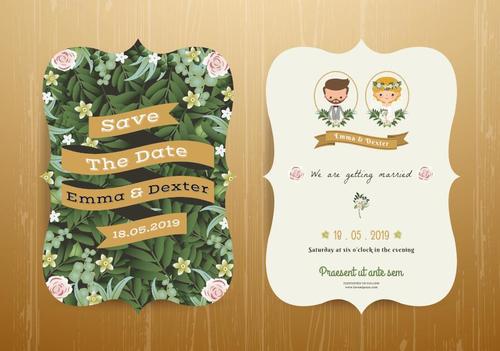 Wedding invitation card rustic cartoon bride and groom vector