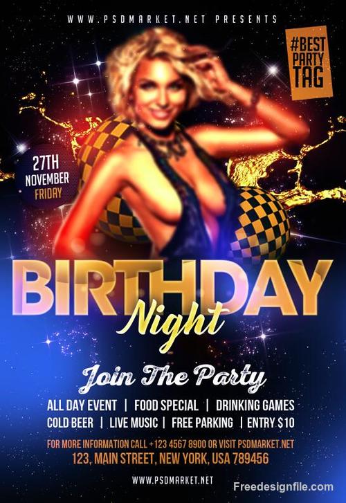 birthday night party flyer PSD template design