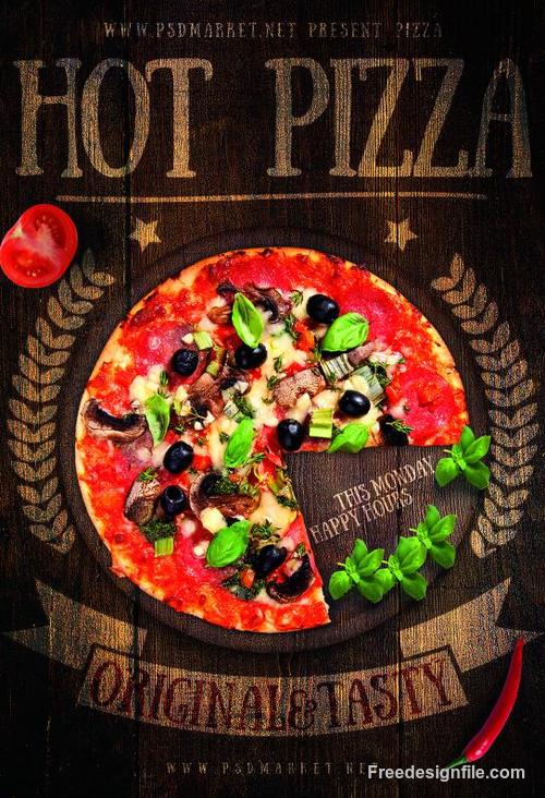 hot pizza wooden styles flyer psd template