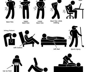 man long working hours low back pain icons vector
