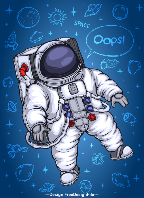 Astronaut in space and space objects background vector