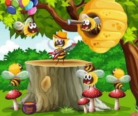 Bees flying around the tree vector
