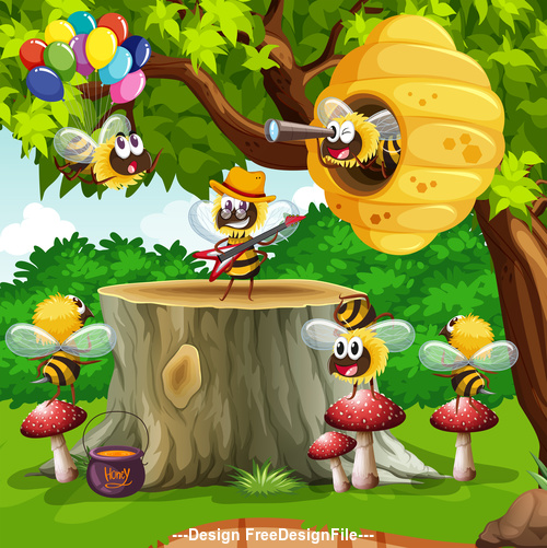 Bees flying around the tree vector