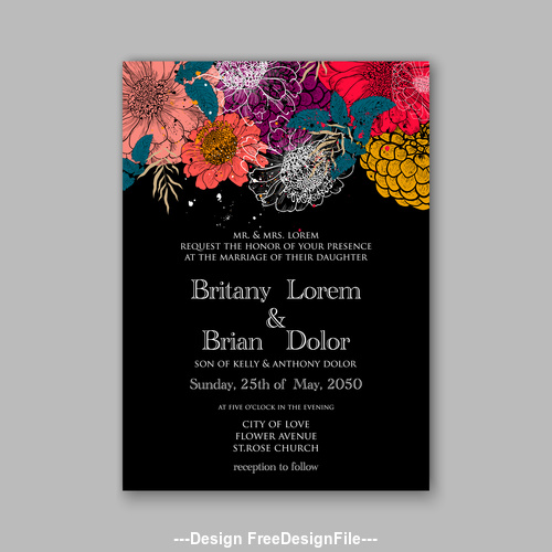 Black background floral wedding invitation template vector 01