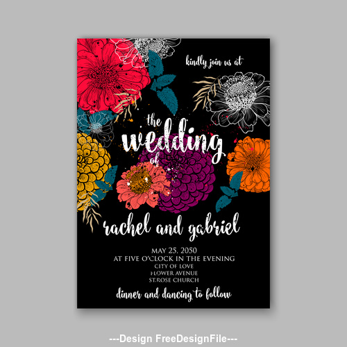 Black background floral wedding invitation template vector 02