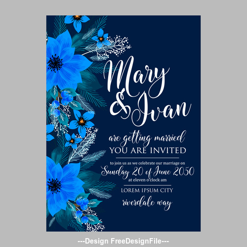 Blue floral wedding invitation template vector
