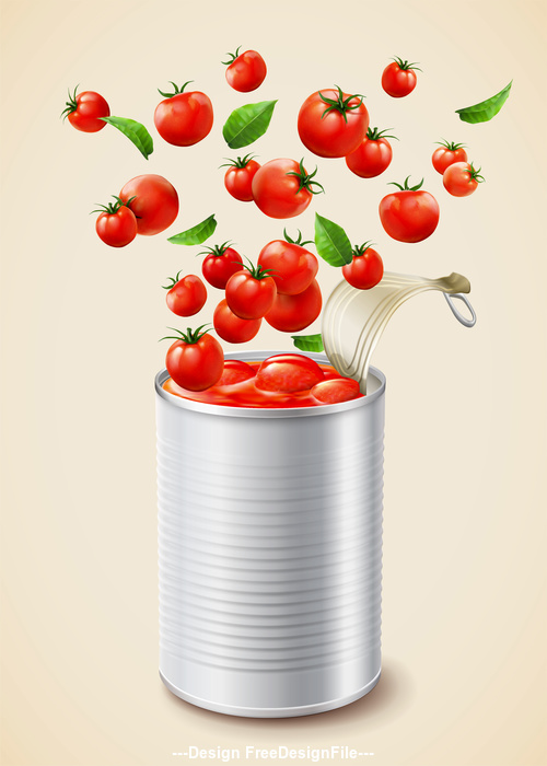 Canned tomato puree ads with fresh vegetables vector