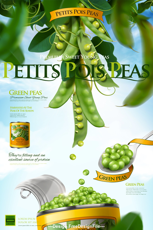 Canned young peas ads poster 3d vector illustration