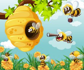 Cartoon Bees and Hive vector