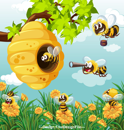 Cartoon Bees and Hive vector