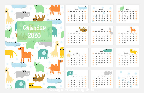 Cartoon animal desktop calendar 2020 vector