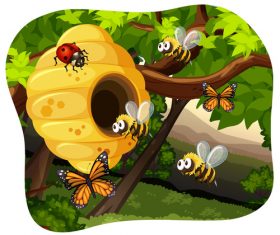 Cartoon bee protecting beehive vector