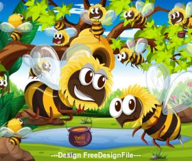 Cartoon hordes of Bees and honey vector