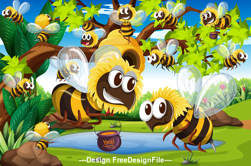Cartoon hordes of Bees and honey vector