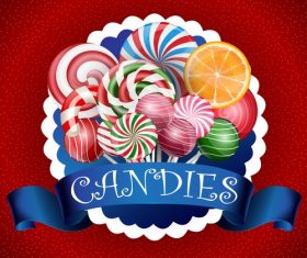 Colorful candy background with realistic blue ribbon vector