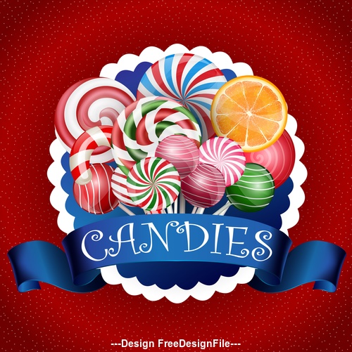 Colorful candy background with realistic blue ribbon vector