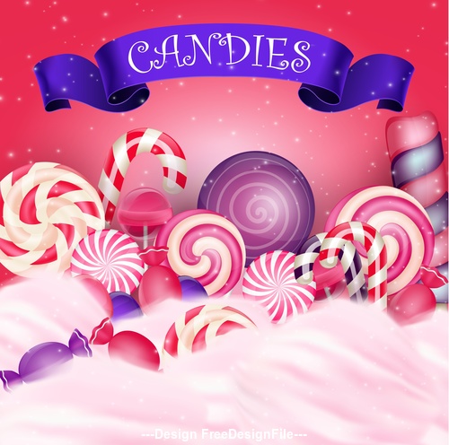 Colorful candy with realistic blue ribbon cover vector