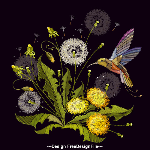 Embroidery flower and hummingbird vector