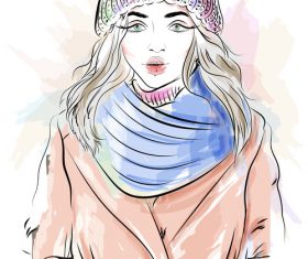 Fashion girl wearing knit hat and bib vector