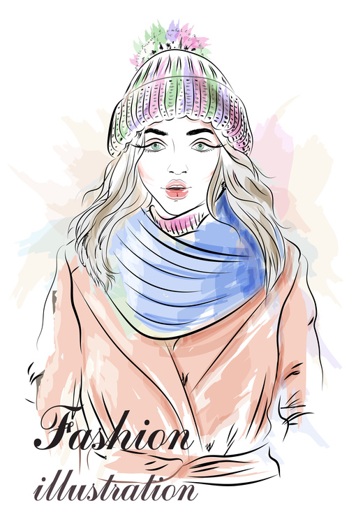 Fashion girl wearing knit hat and bib vector