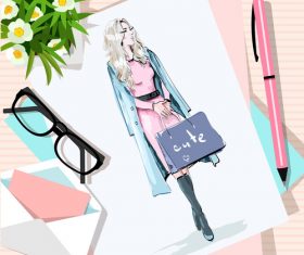 Fashion woman sketch on the desktop vector