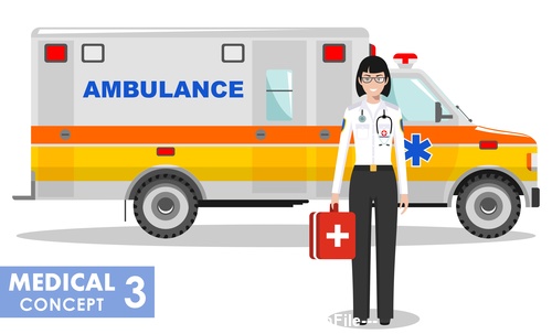 Female emergency doctor and ambulance vector