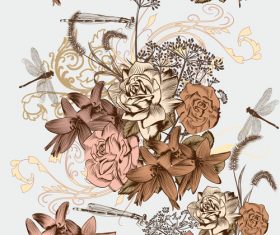 Floral pattern and dragonfly vector