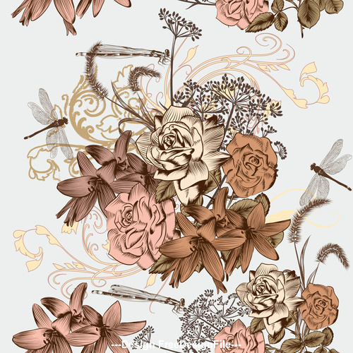 Floral pattern and dragonfly vector