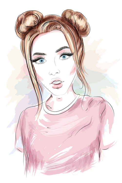 Girl fashion hairstyle watercolor vector