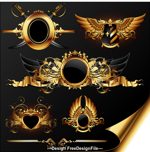 Golden wings and sword shield label vector