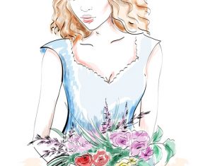 Lady watercolor holding flowers vector