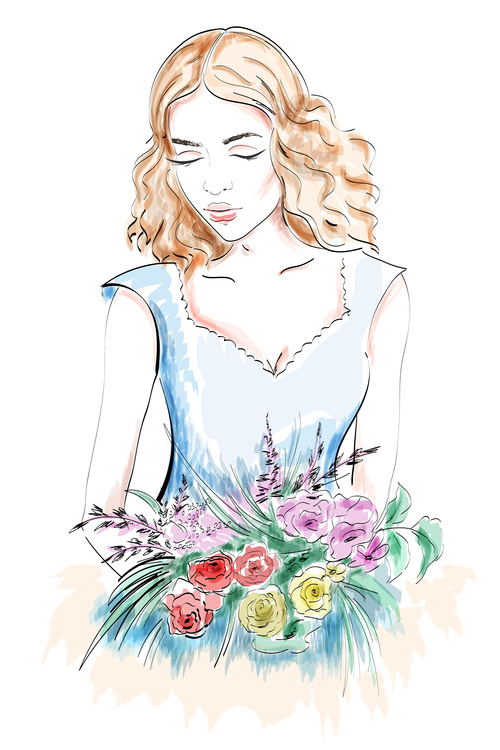 Lady watercolor holding flowers vector