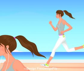 Listening to music girl running on the beach vector