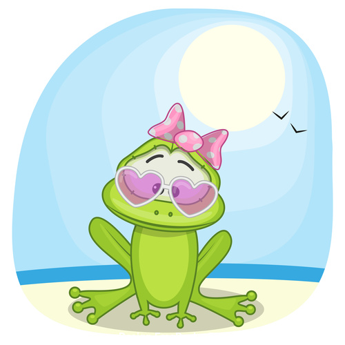 Lovely frog cartoon vector on the beach